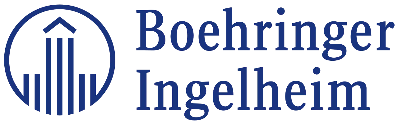 The Boehringer Ingelheim logo features a blue circular icon with vertical lines and a house roof symbol, accompanied by the company name in serif typeface.