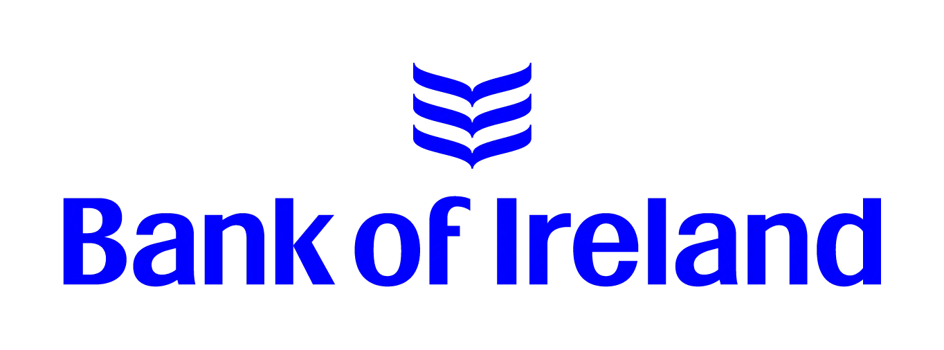 Bank of Ireland logo featuring blue text with a stylized chevron symbol above it.