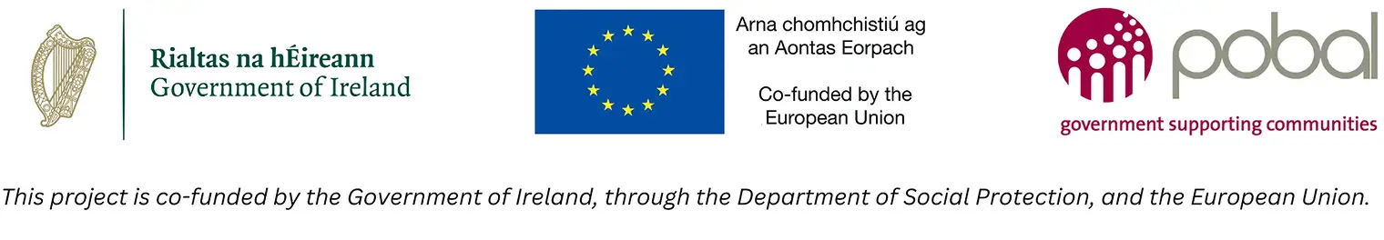 Header image showing logos and text indicating that a project is co-funded by the Government of Ireland through the Department of Social Protection and the European Union, with par
