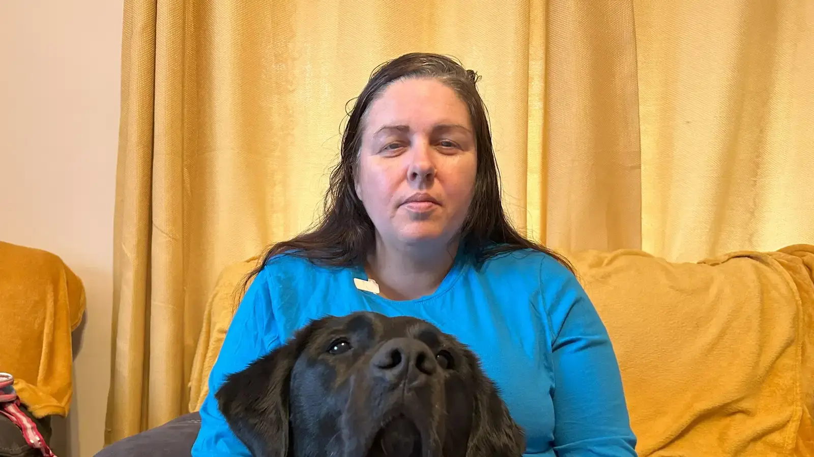 A woman wearing a blue shirt sits on a yellow couch holding a black dog, with golden curtains visible in the background.