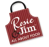 A red ribbed shopping bag with black handles featuring "Rosie Jim" branding and "All About Food" tagline.
