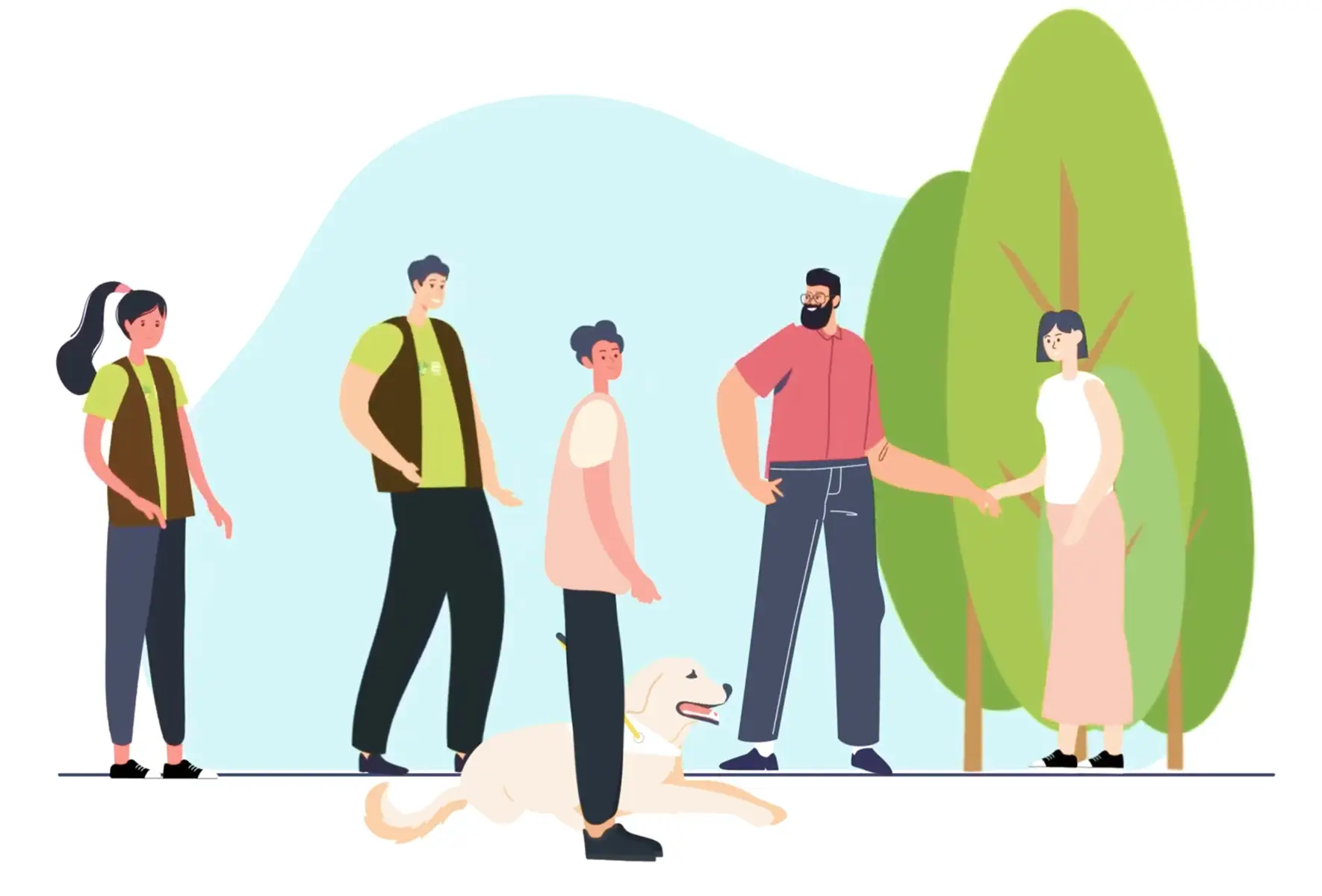 Five people and a dog gather outdoors near trees.