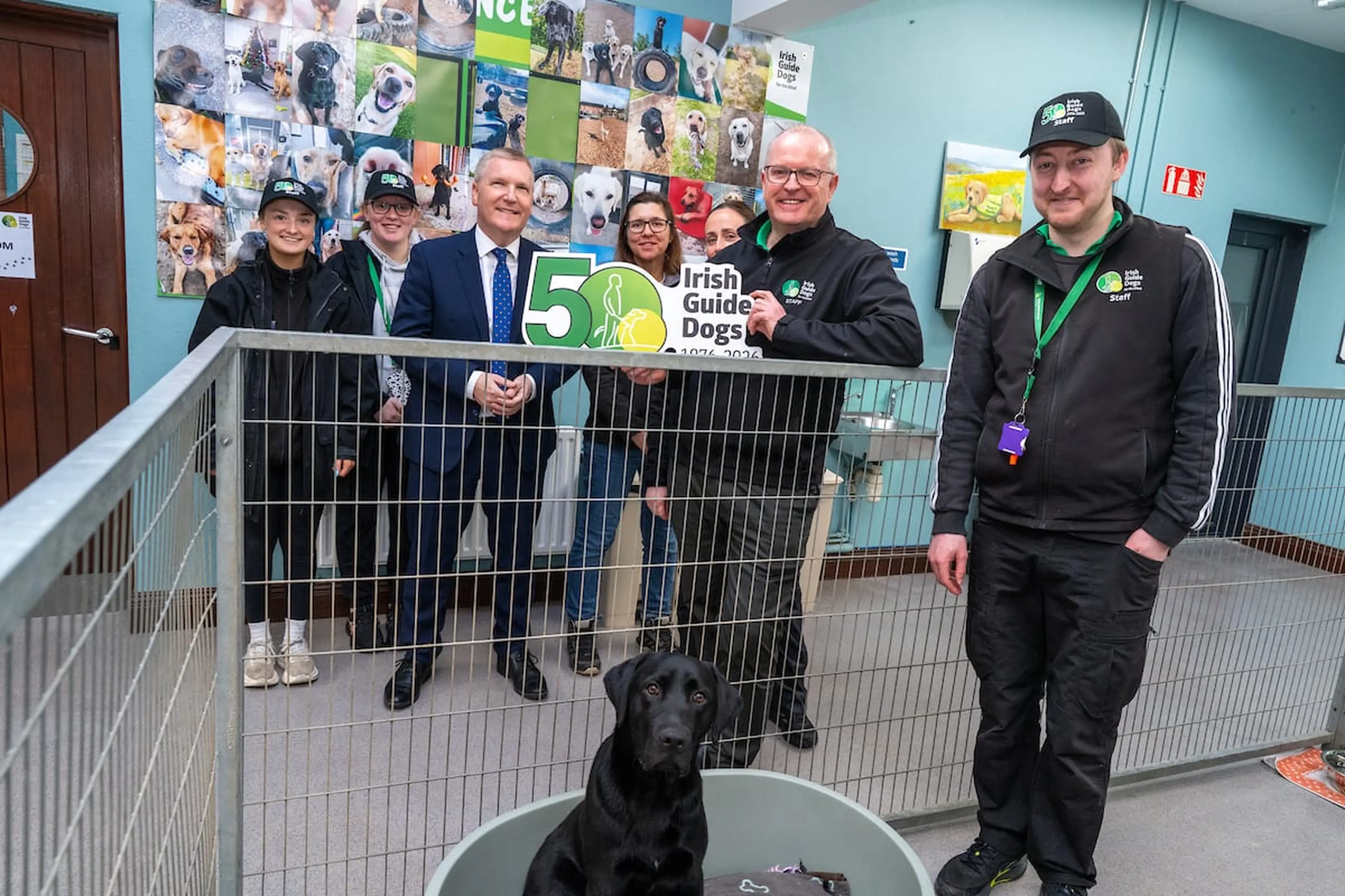 The image shows a group of people, including staff from the Irish Guide Dogs organization, posing with a black Labrador retriever dog and holding a sign celebrating the 50th annive