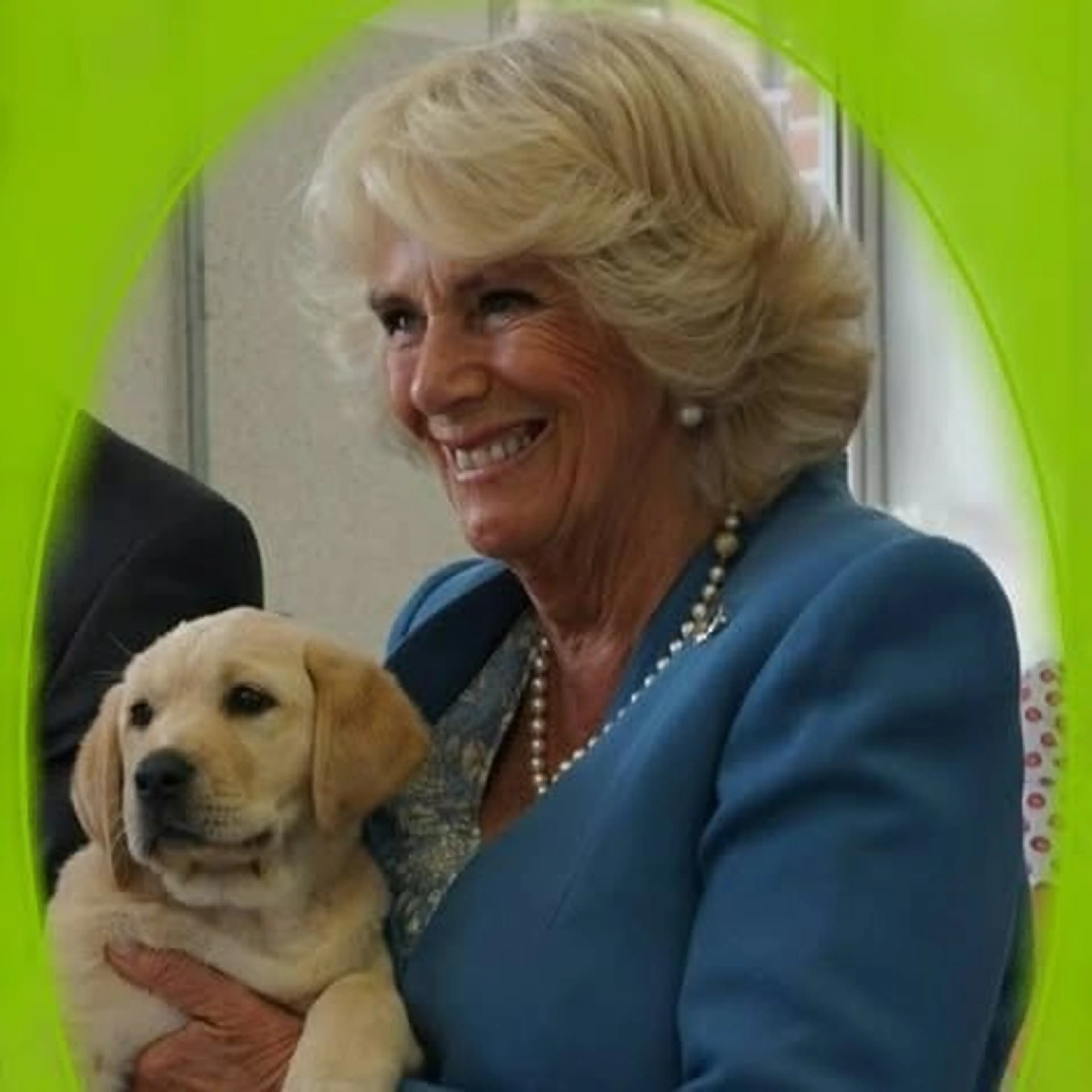 The image shows a smiling, well-dressed woman with blonde hair holding a golden retriever puppy.