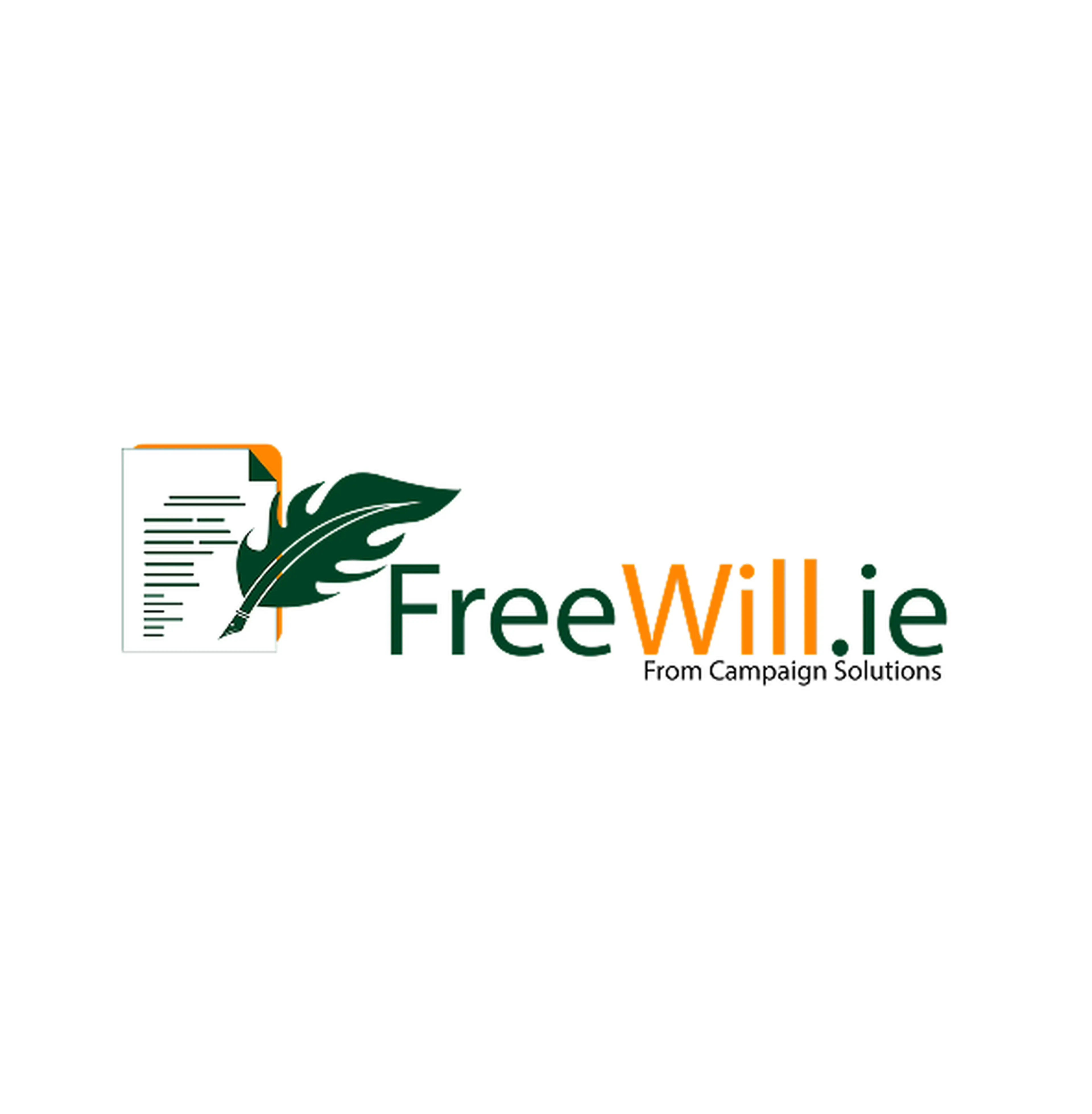 FreeWill.ie logo featuring a document with a feather quill, indicating an online will-writing service from Campaign Solutions.