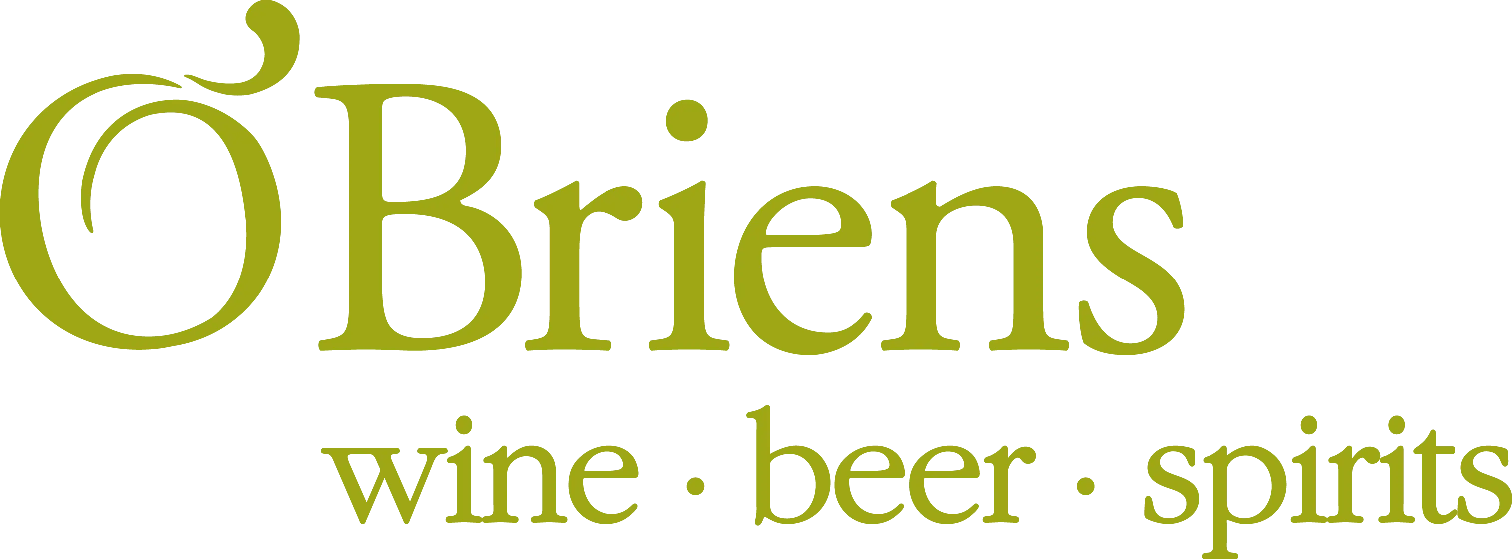 O'Briens is a retailer logo in olive green displaying the text "wine • beer • spirits" beneath the company name.