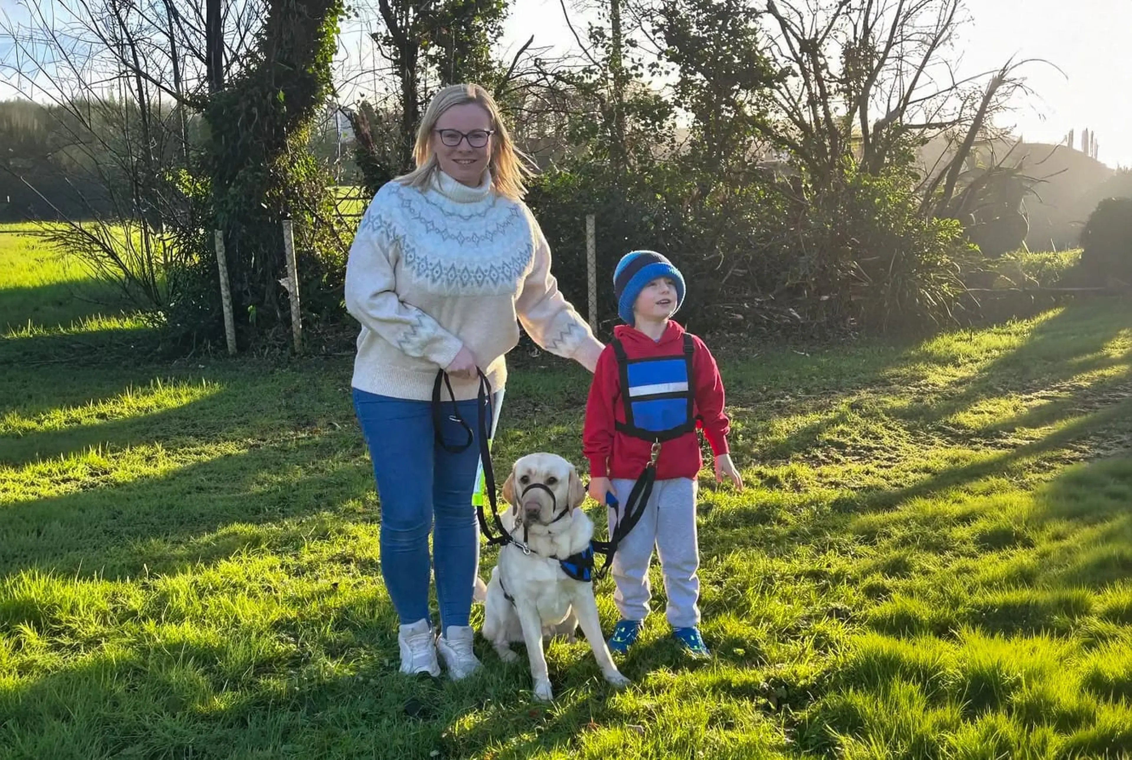 A woman and child walk with a yellow Labrador dog on a leash through a sunny, tree-lined grassy field.
