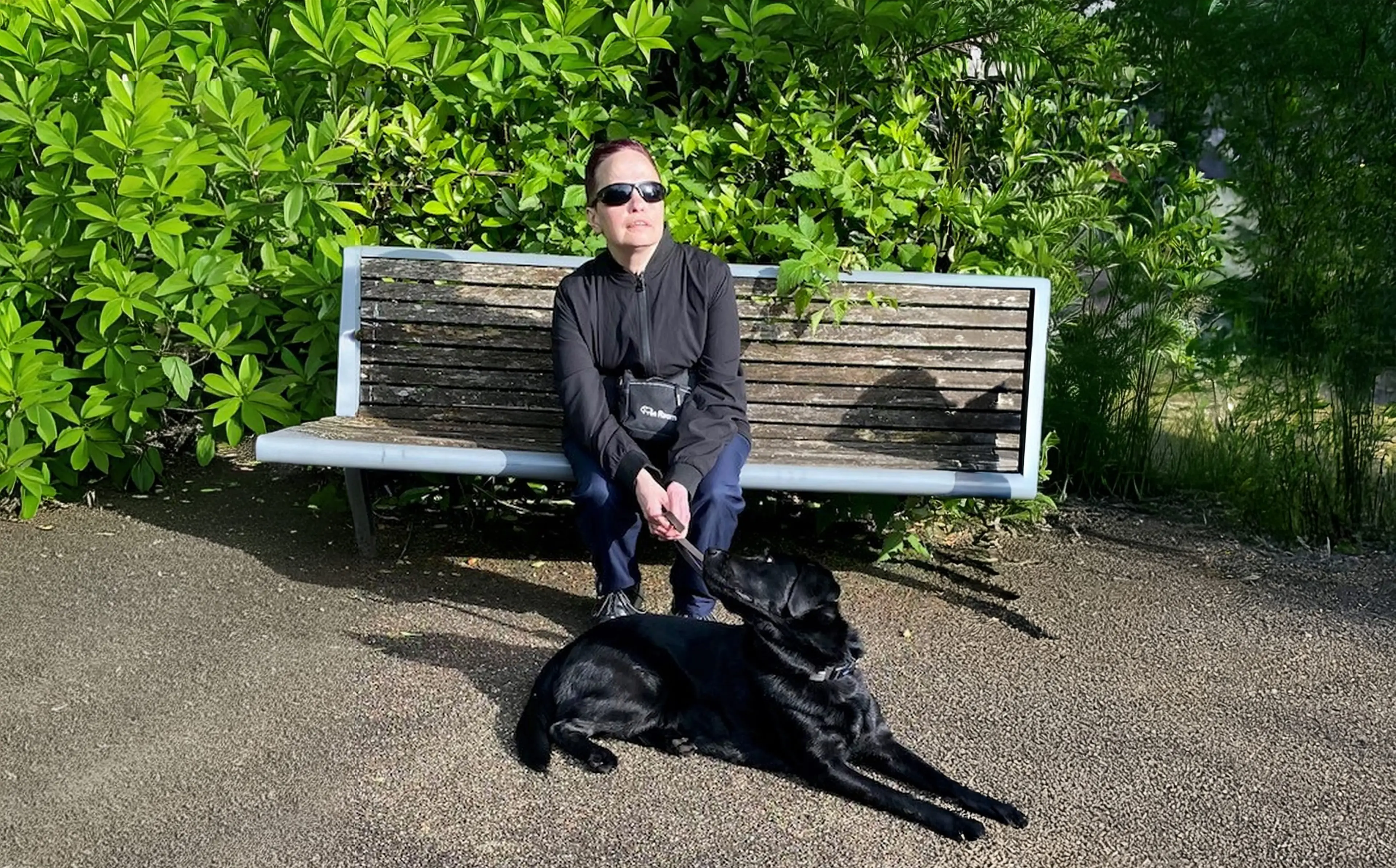 A person wearing sunglasses and dark clothing sits on a wooden bench with white frame in front of lush green foliage, while a black dog lies on the ground in front of them.