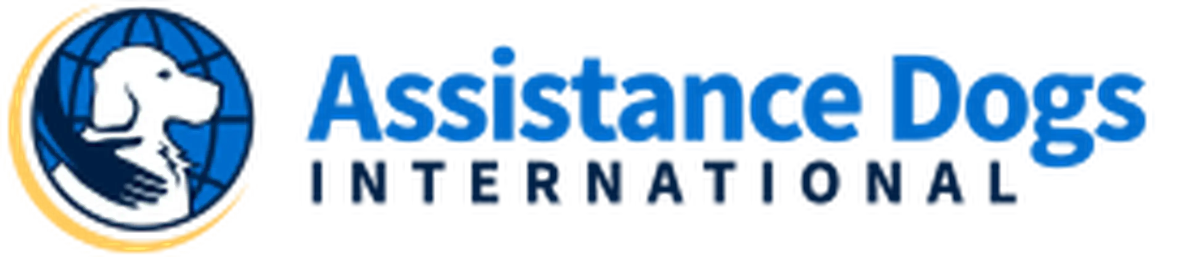 The image shows the logo for Assistance Dogs International, which features a blue globe-shaped symbol with a white dog silhouette in the center and the organization's name written 