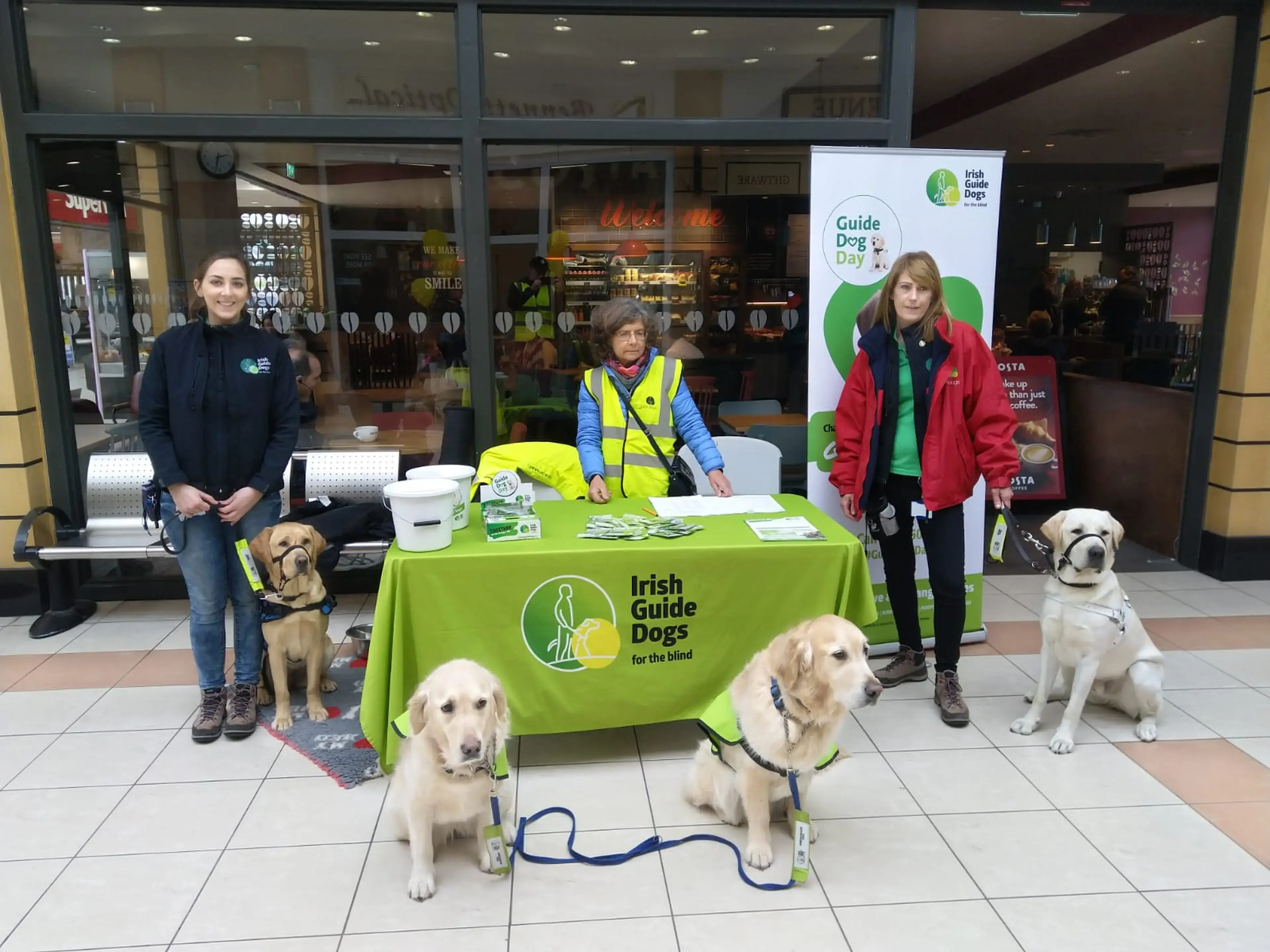 Three staff members from Irish Guide Dogs for the Blind stand with five guide dogs at an indoor promotional event table in a shopping mall.
