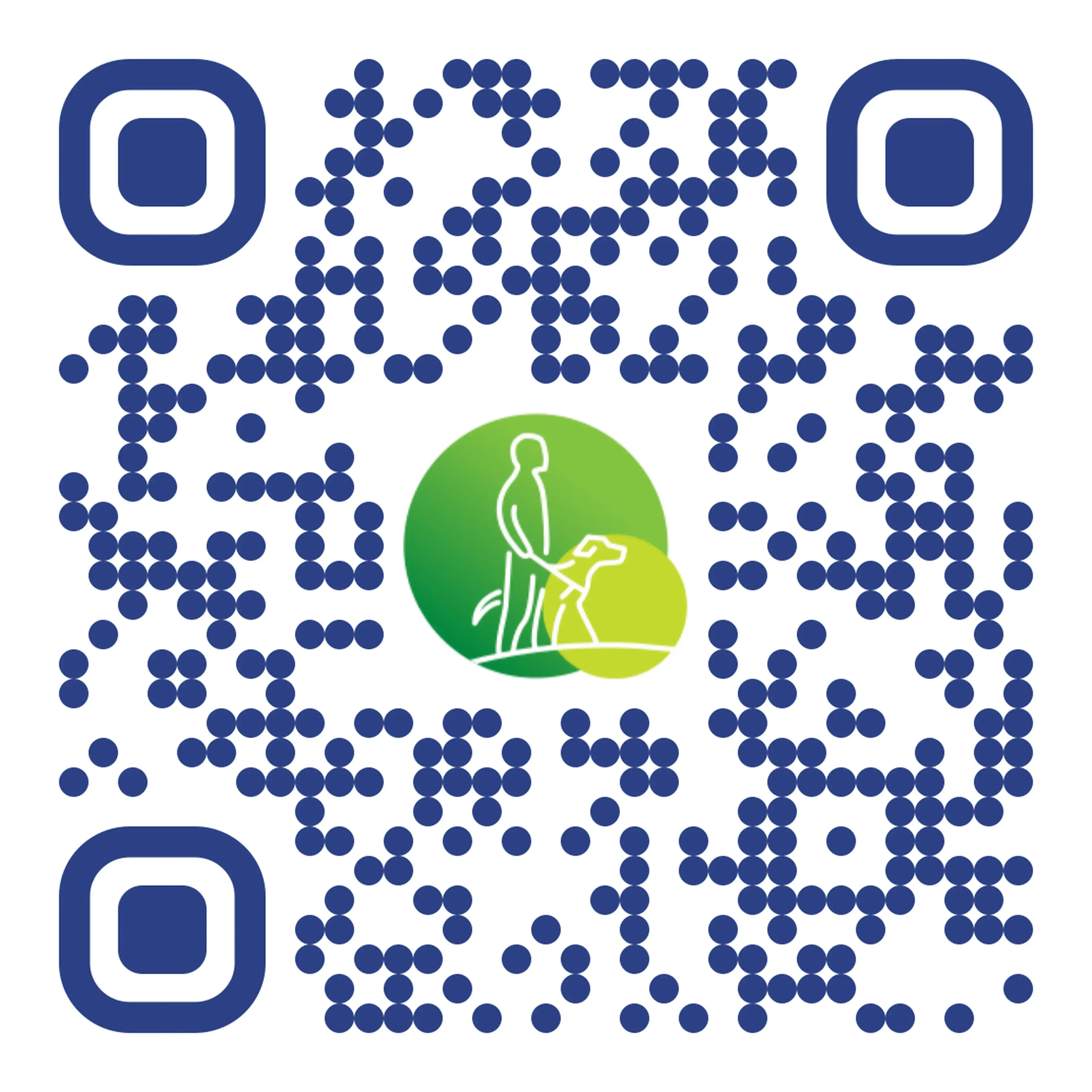 A QR code with corner position markers in dark blue and a central green circular logo featuring a stylized dog and person silhouette in white outline.