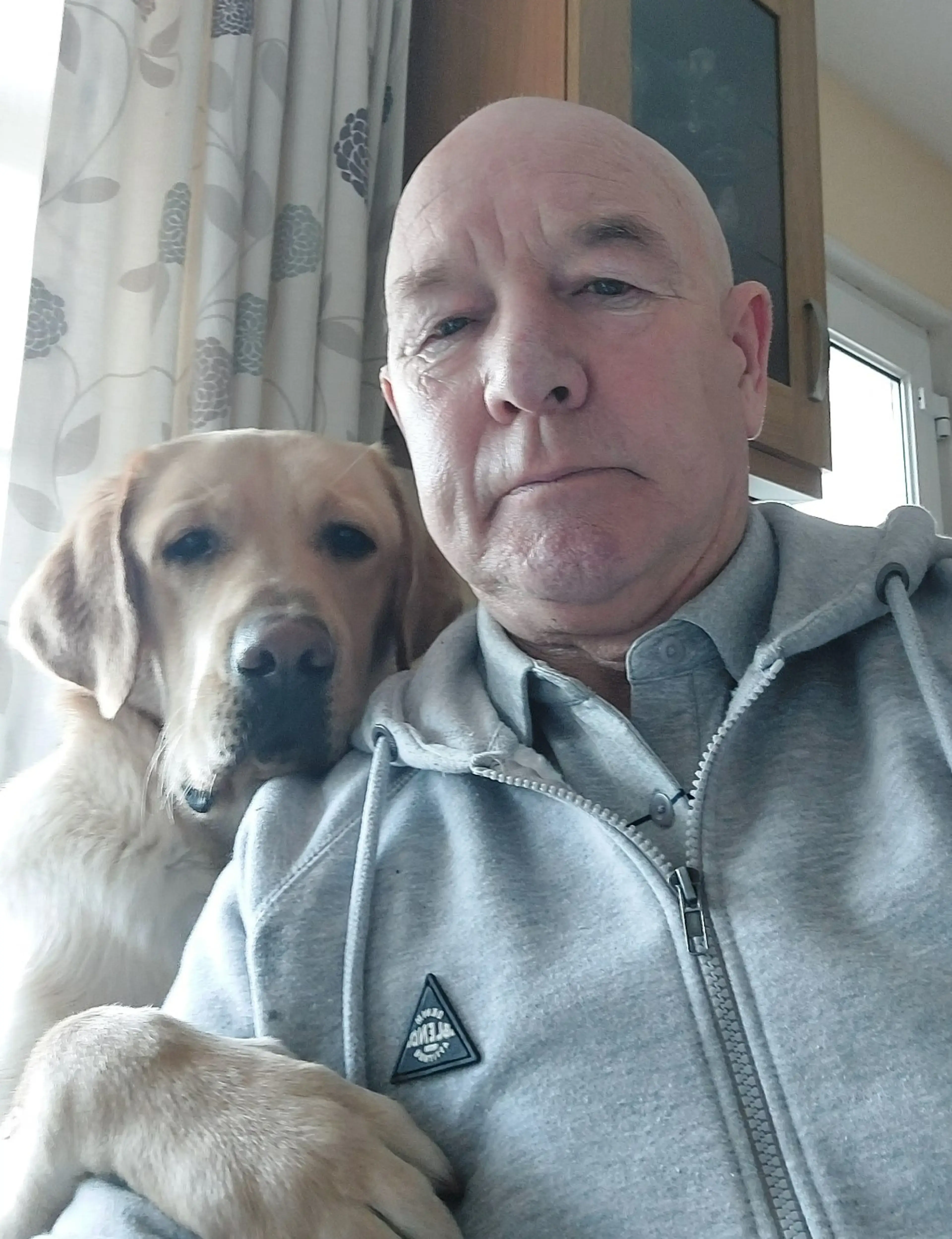 A man wearing a gray hoodie poses for a selfie while holding a light-colored Labrador Retriever indoors, with curtains visible in the background.