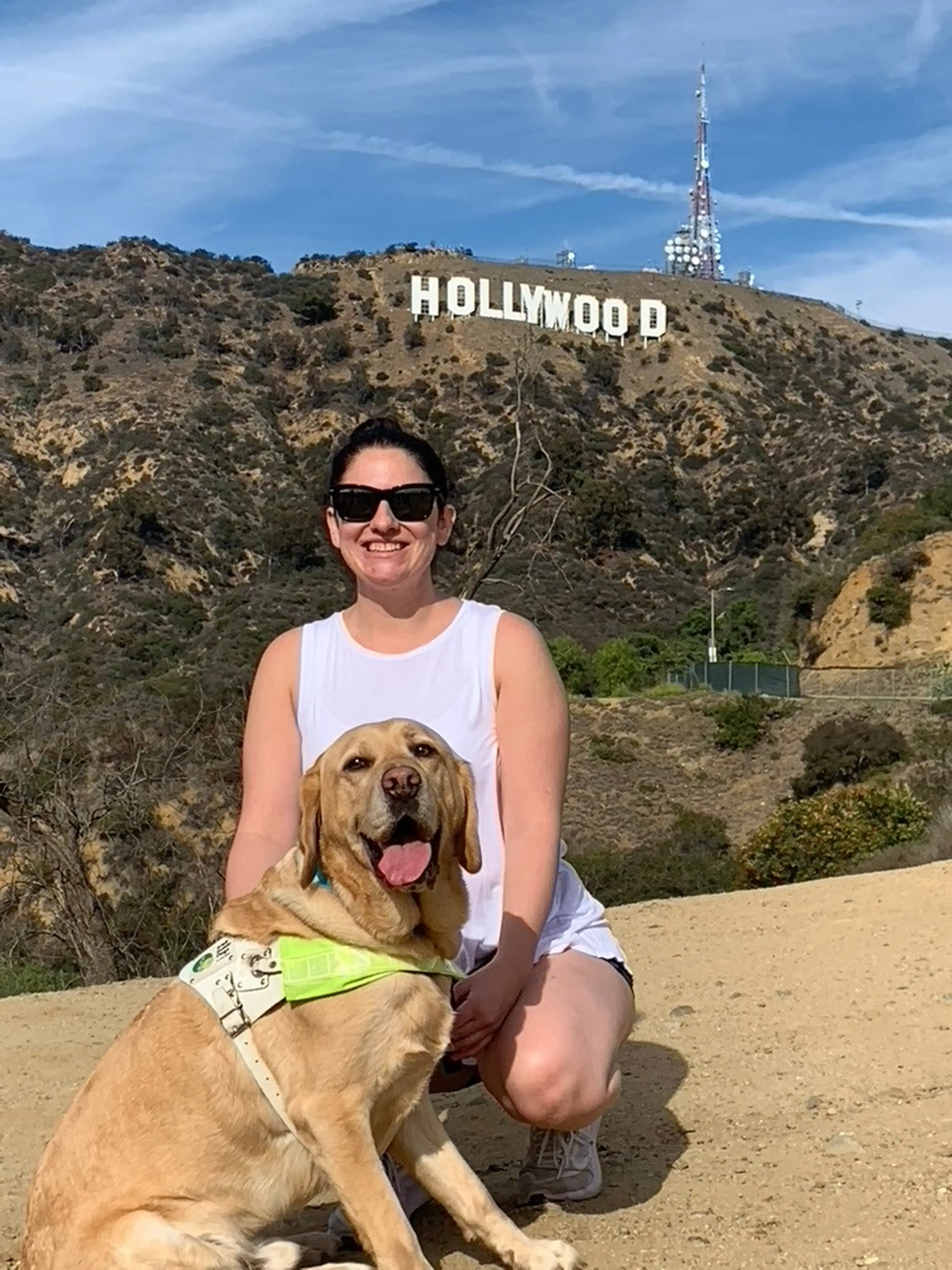 A smiling person wearing sunglasses and a white tank top crouches next to a yellow Labrador Retriever wearing a service vest, with the Hollywood sign visible on the hillside behind