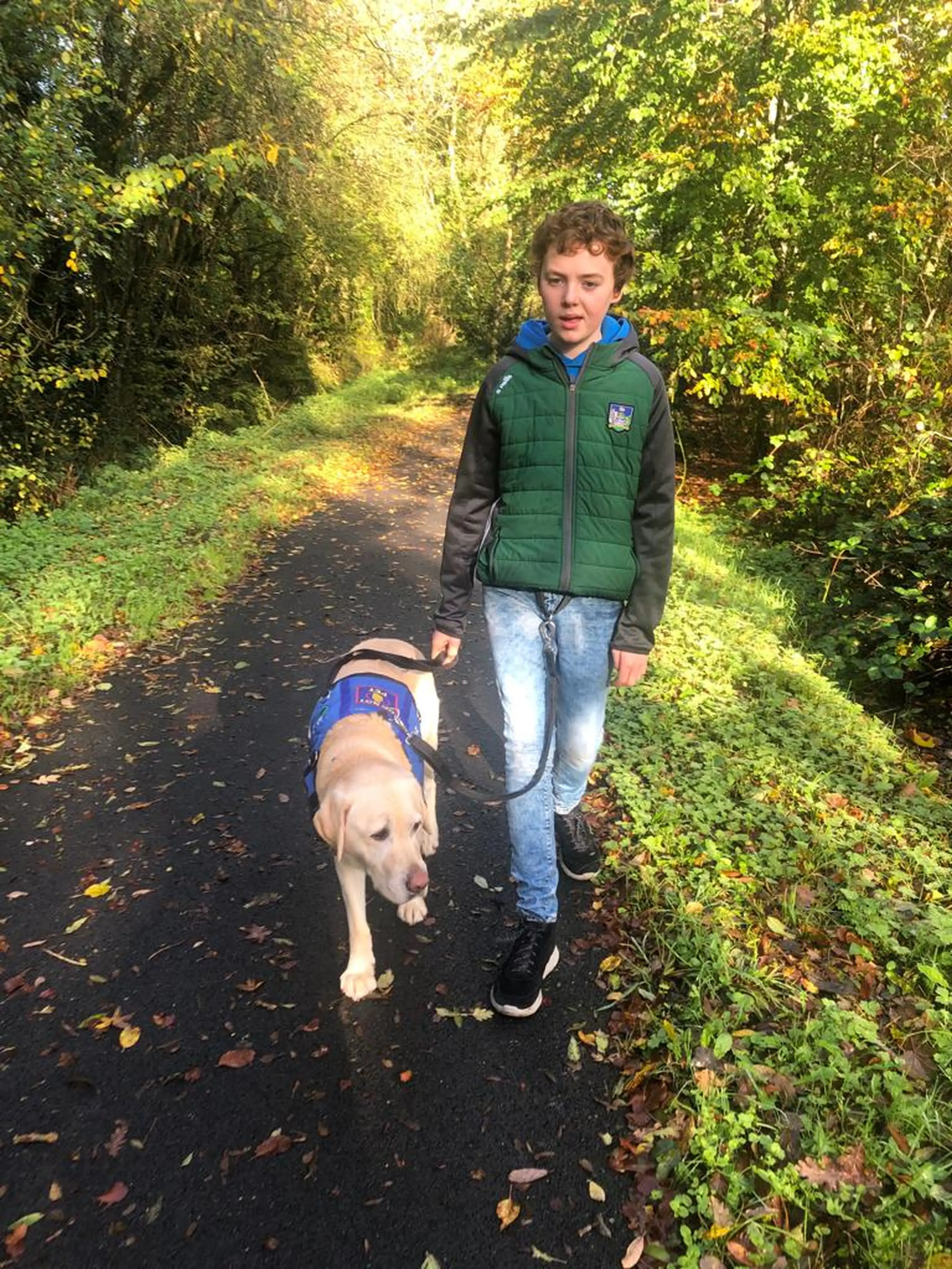 A young boy walks a light-colored dog on a leash down a tree-lined path during autumn, wearing a green and black jacket.
