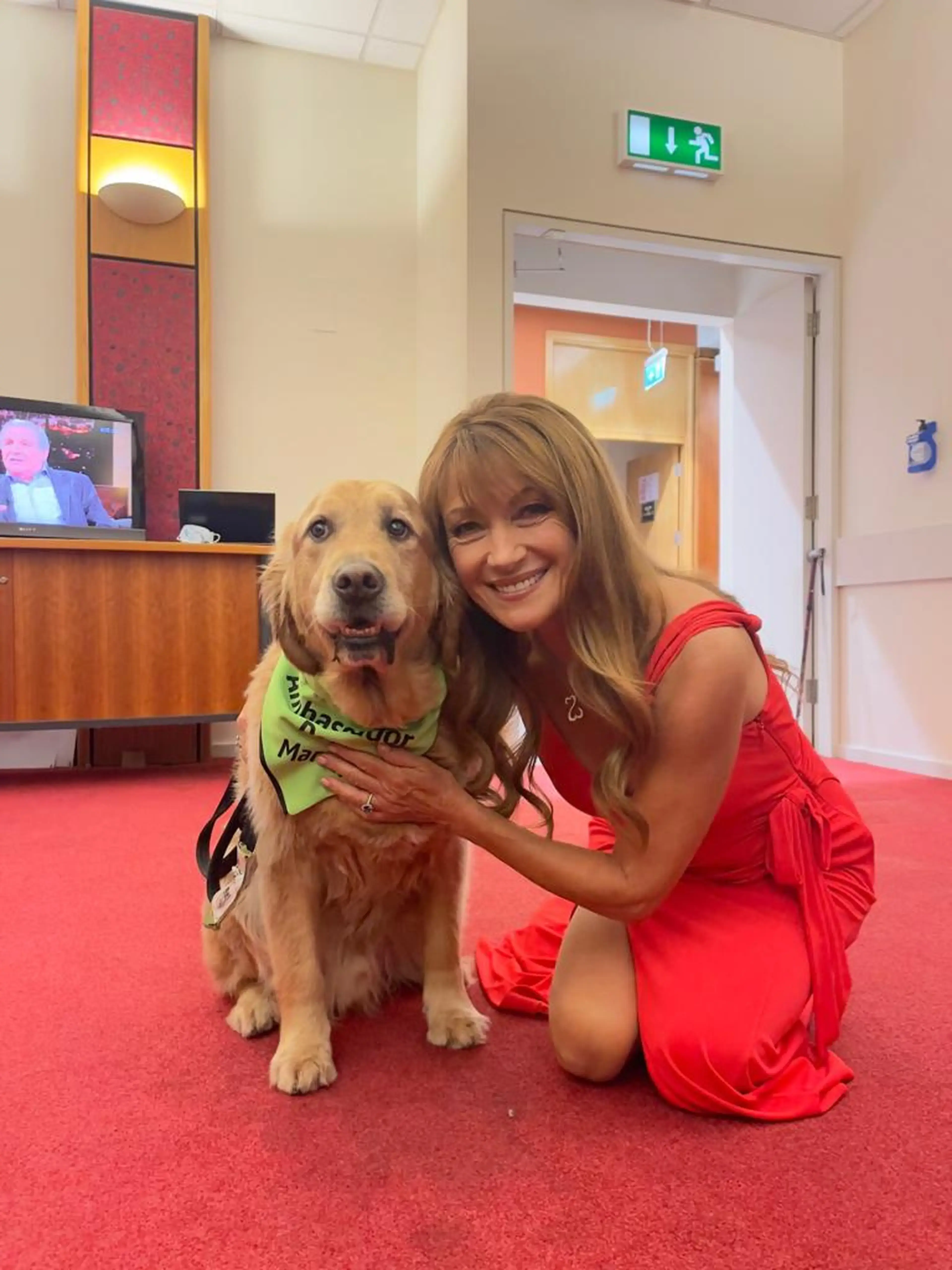 A woman in a red dress poses with a golden Labrador Retriever wearing a green service vest in an indoor facility with red carpeting.