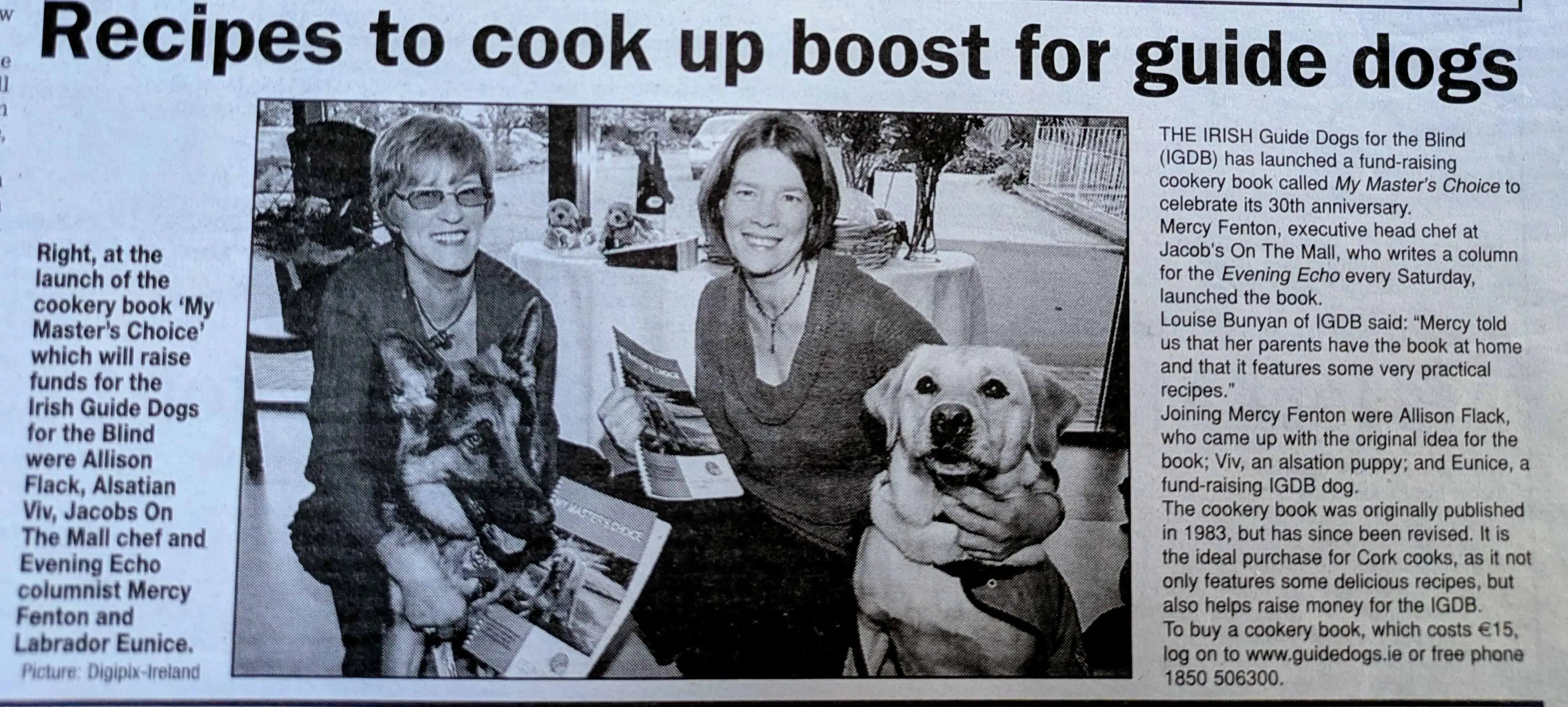 # Alt Text Three women and a yellow Labrador hold a cookbook titled "My Master's Choice" at a launch event to raise funds for the Irish Guide Dogs for the Blind.