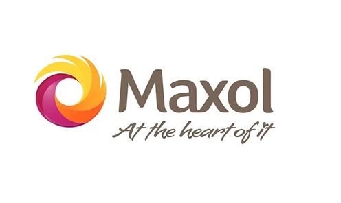 Maxol logo featuring a colorful swirl design in pink, orange, and yellow with the company name and tagline "At the heart of it.