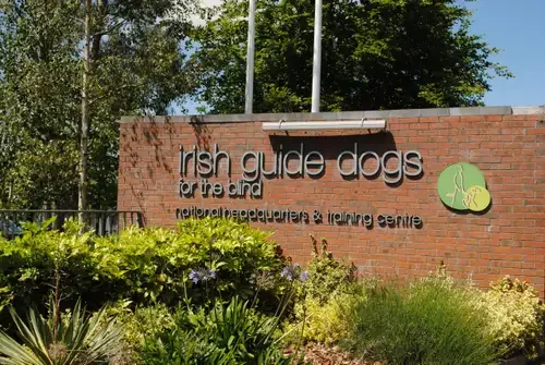 The image shows a brick building with a sign that says "Irish Guide Dogs" and has a paw print icon, indicating it is a facility for training guide dogs.