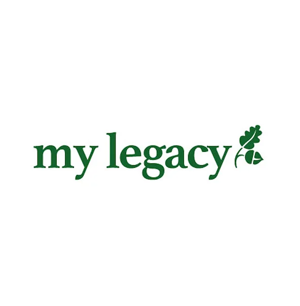 The "my legacy" logo in dark green text with a decorative oak leaf icon on the right side.