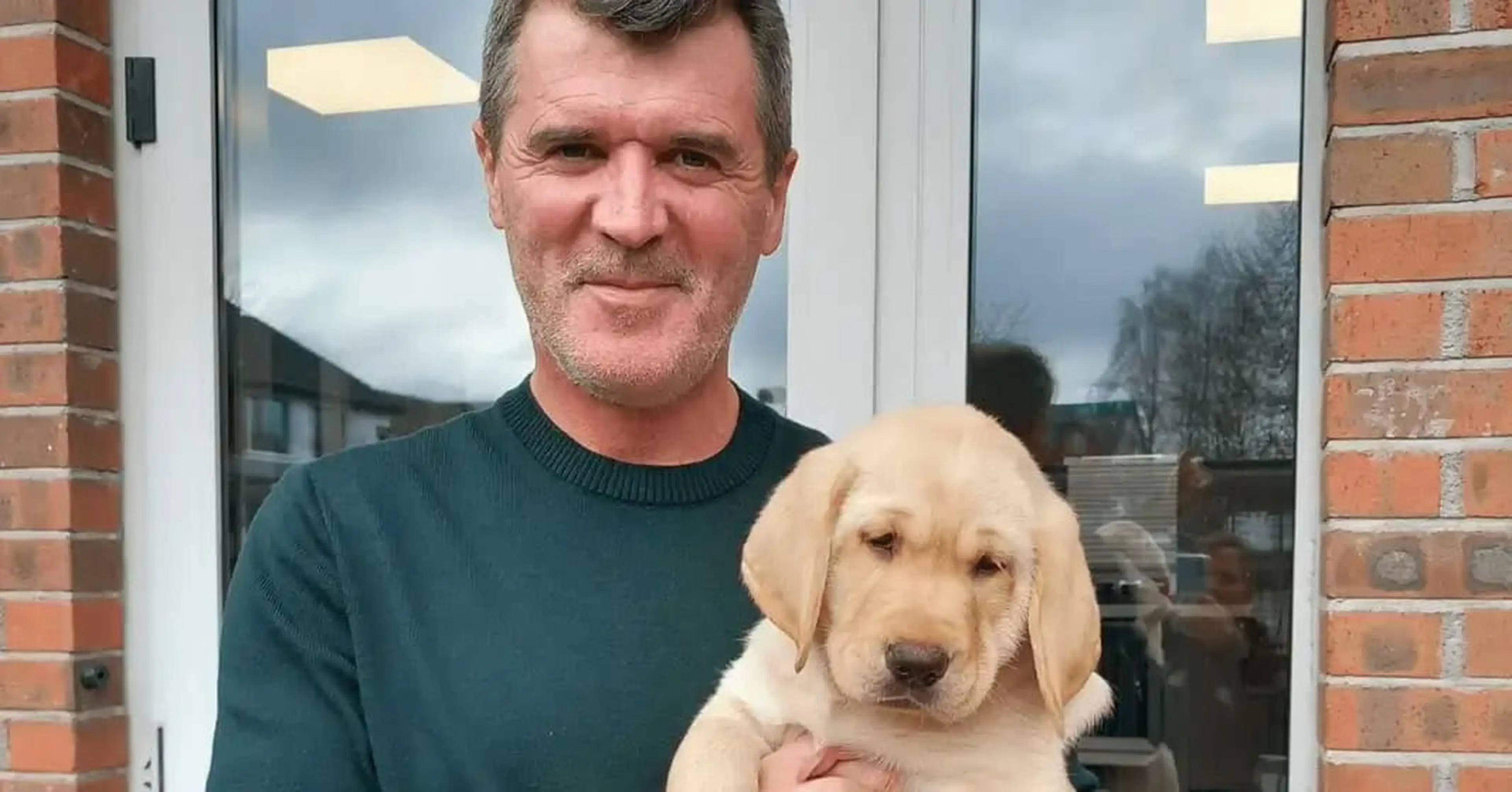 A middle-aged man in a dark green sweater holds a cream-colored Labrador Retriever puppy while standing in front of a brick house with large windows.