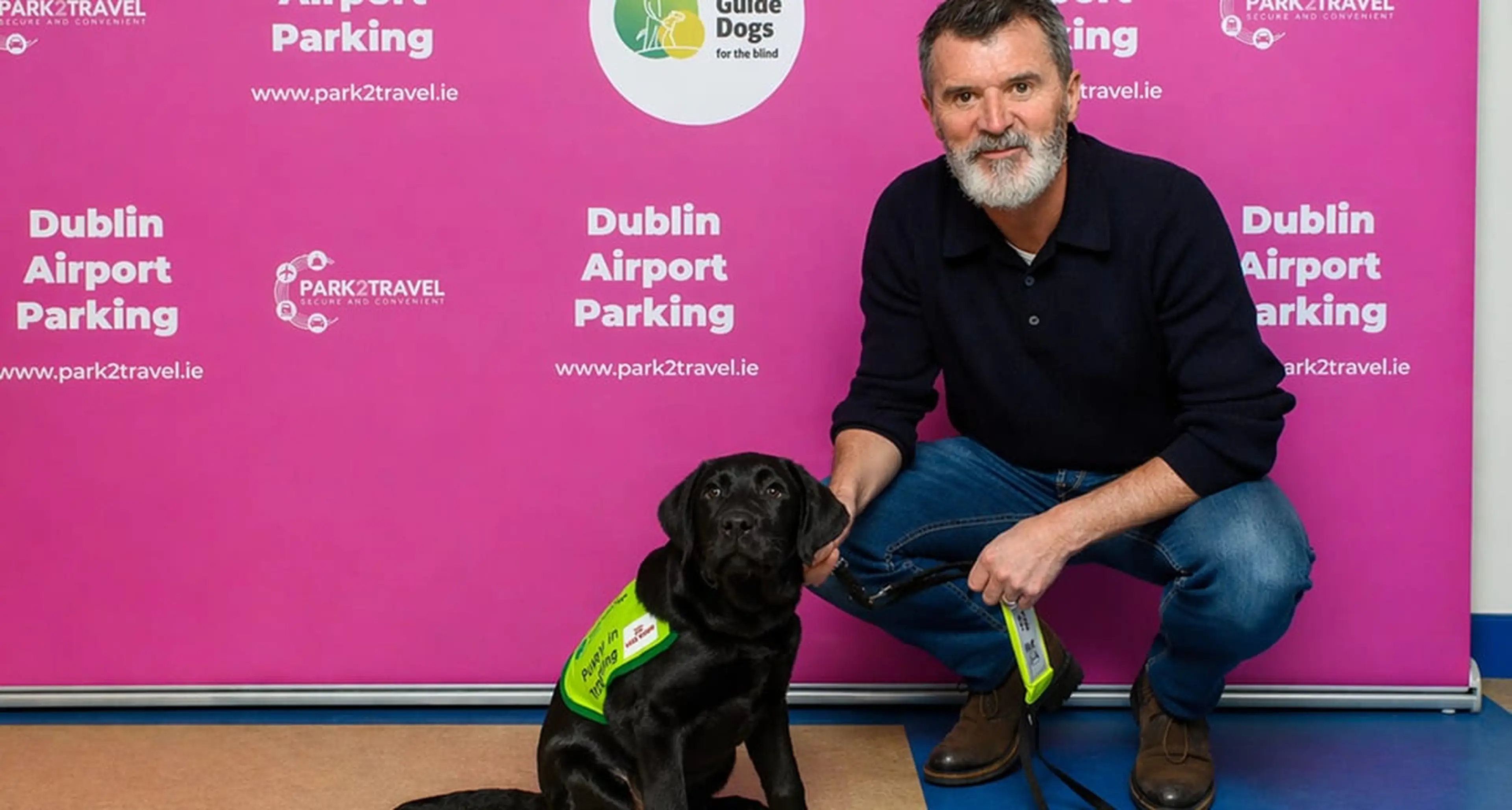A man with a grey beard (Roy Keane) crouches beside a black guide dog wearing a bright green training vest, both facing the camera. They are positioned in front of a pink promotional backdrop featuring logos and text for “Irish Guide Dogs for the Blind” and “Park2Travel,” including “Dublin Airport Parking” and a website URL. The man holds the dog’s lead, and the setting appears to be an indoor promotional or media event.
