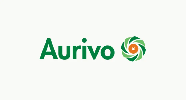 The Aurivo logo features the company name in dark green text alongside a spiral leaf design with an orange center.