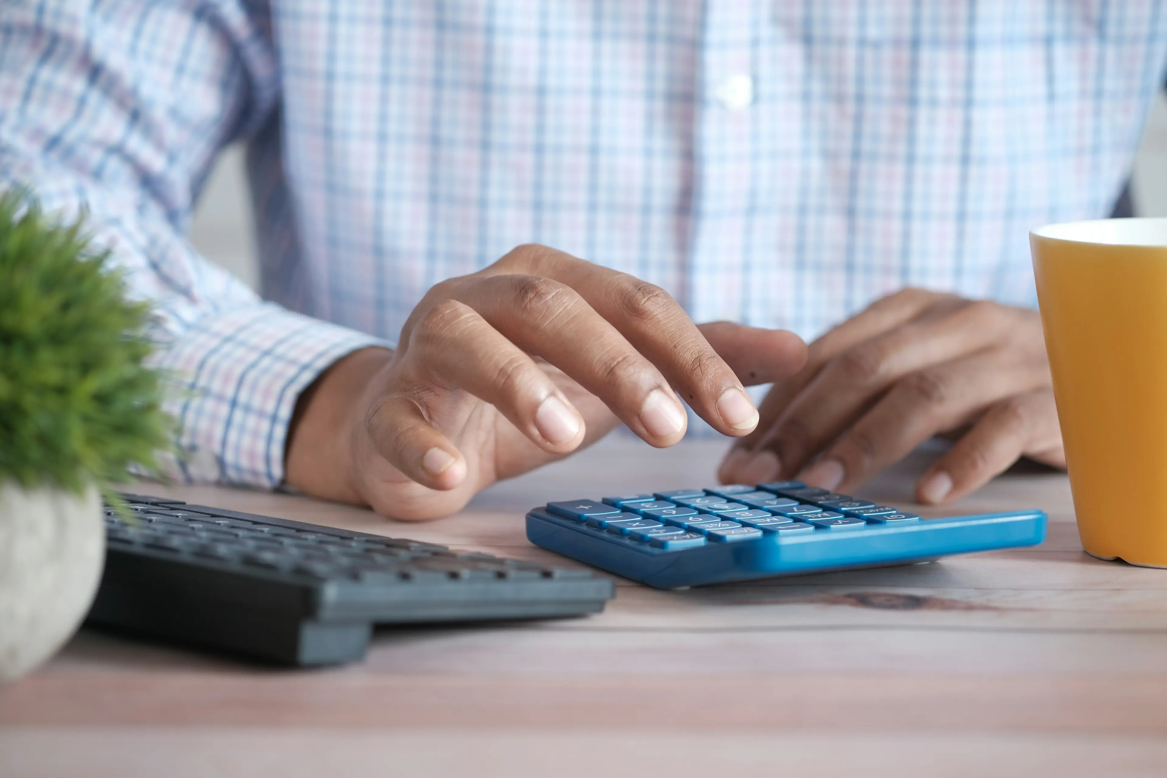 A person in a light blue checkered shirt uses a blue calculator at a desk, with a yellow cup and potted plant nearby.